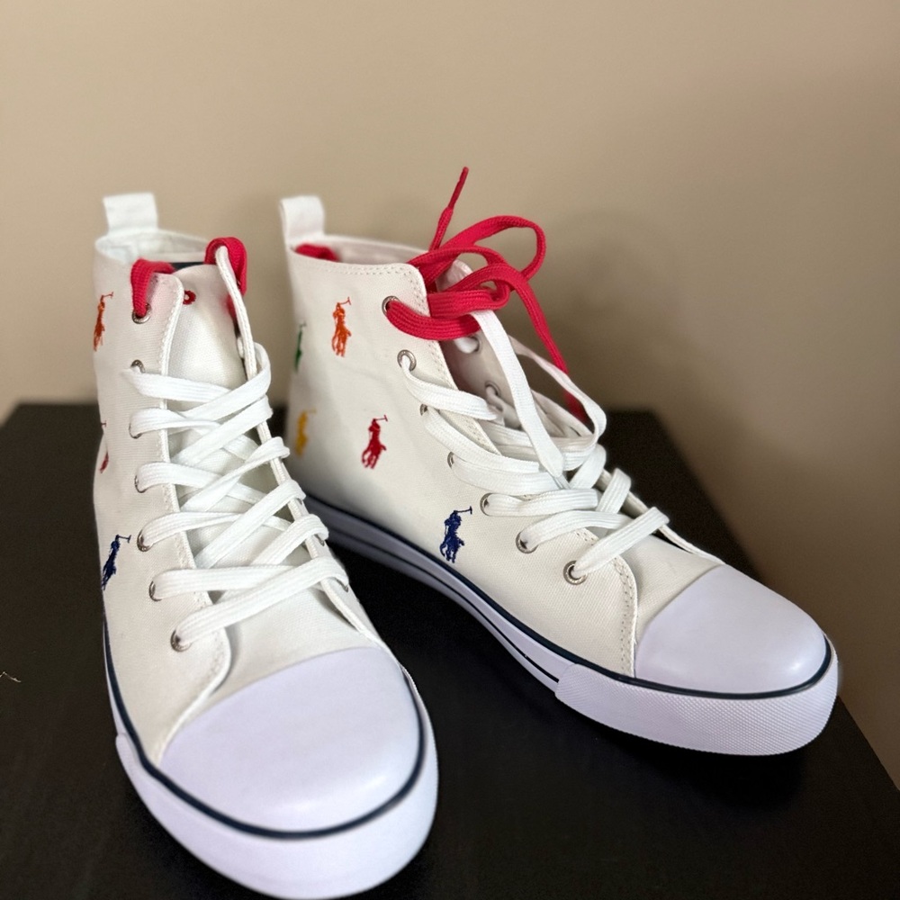 Polo Ralph Lauren Pony Print High Top Sneakers White NWT Womens 8.5 Kids 7 - Picture 2 of 11